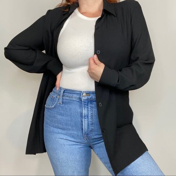 Vintage 90s Josephine Chaus Black Oversized 10 Longline Button Down Blouse - Picture 1 of 11